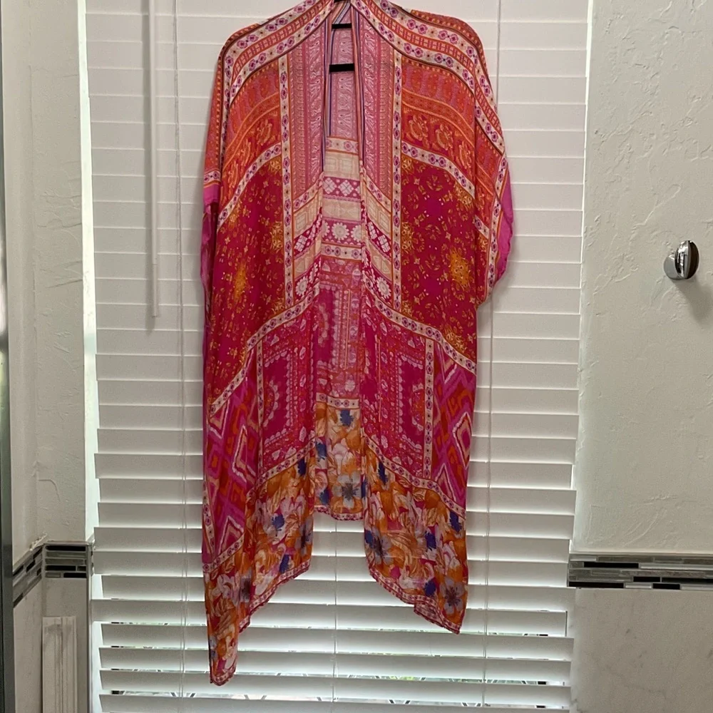 Moss Rose Vibrant Pink & Orange Floral Kimono Cover-Up; OS - Picture 1 of 3